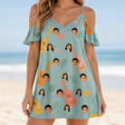 Model wearing Women's Hula Harmonics Custom Face Off-Shoulder Dress printed with kids' faces