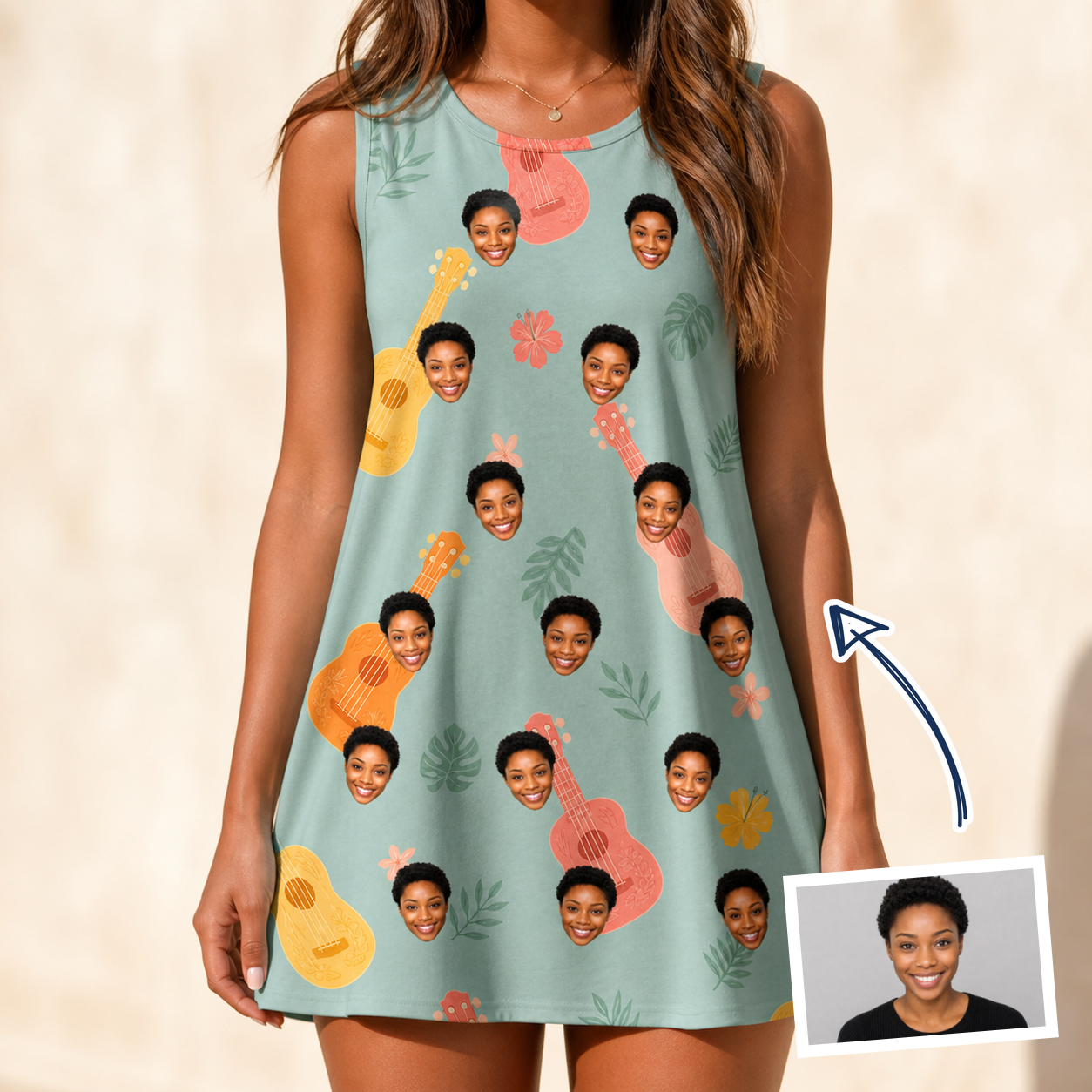 Woman wearing Women's Hula Harmonics Custom Face Tank Dress — custom faces printed all-over