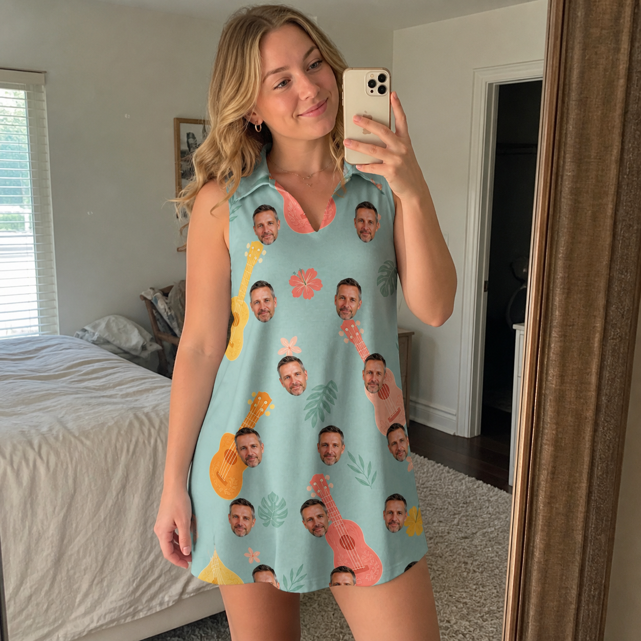 Real-life photo of someone wearing Women's Hula Harmonics Custom Face V-Neck Dress — custom faces printed all-over