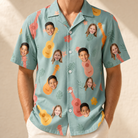 Model wearing Men's Hula Harmonics Custom Face Hawaiian Shirt printed with kids' faces