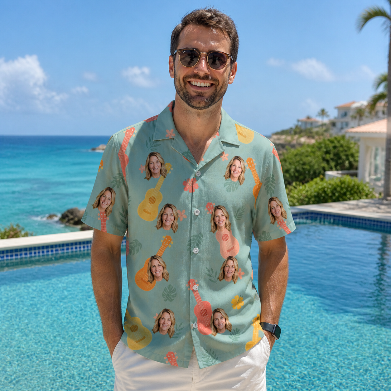 Real-life photo of someone wearing Men's Hula Harmonics Custom Face Hawaiian Shirt — custom faces printed all-over