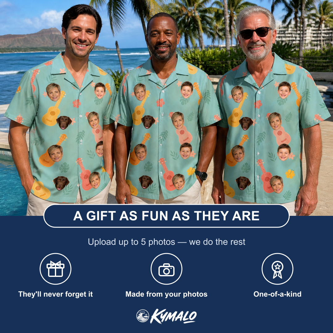 Friends in matching Men's Hula Harmonics Custom Face Hawaiian Shirt — a group gift photo