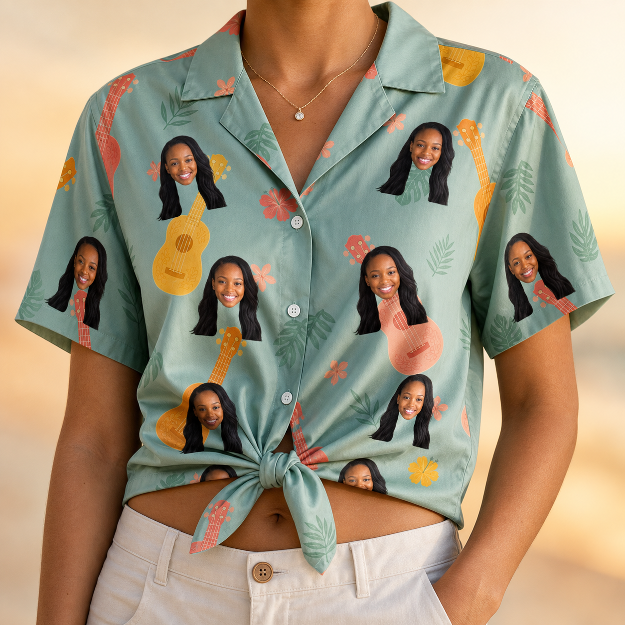 Woman wearing Women's Hula Harmonics Custom Face Hawaiian Shirt tied at the waist