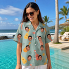 Real-life photo of someone wearing Women's Hula Harmonics Custom Face Hawaiian Shirt — custom faces printed all-over