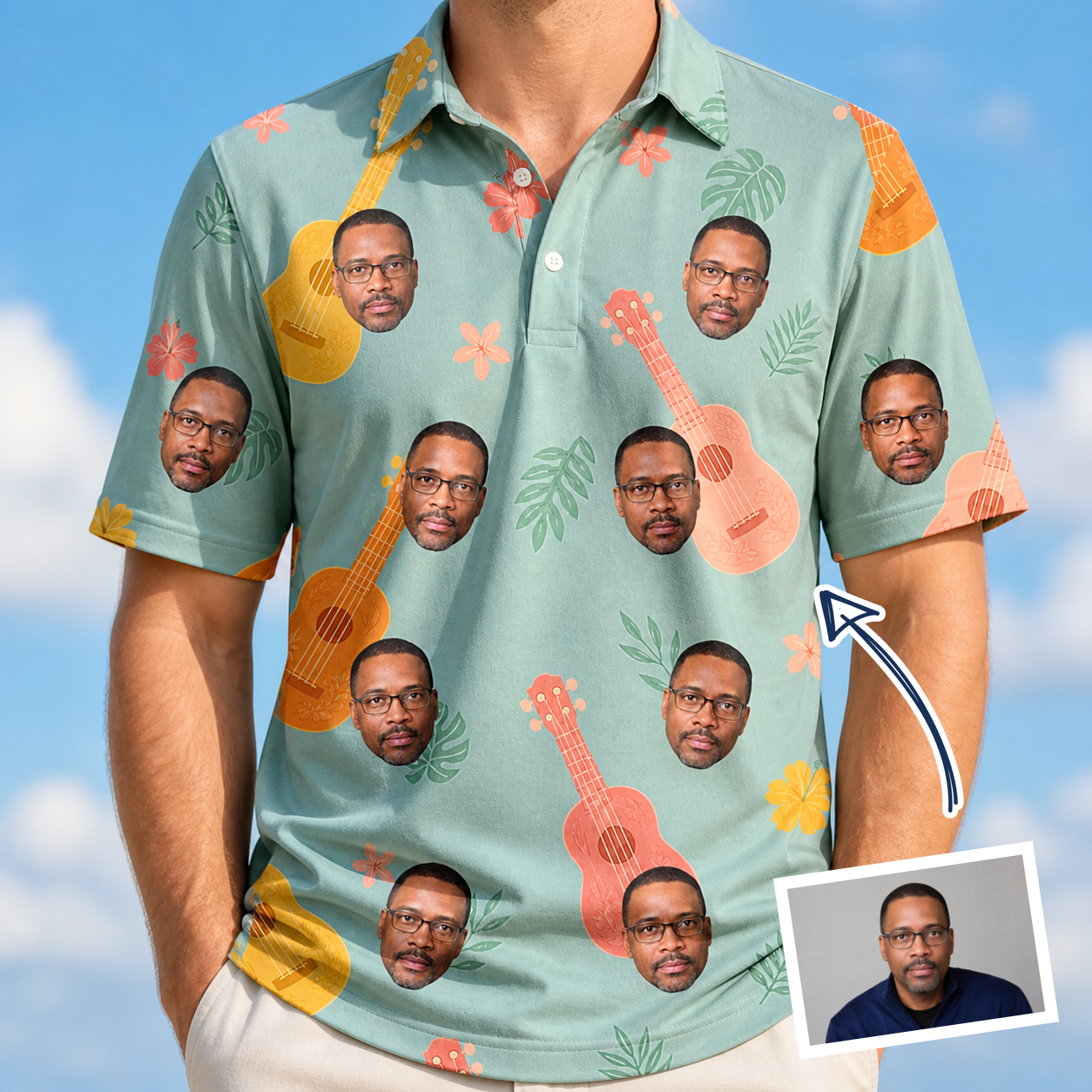 Man wearing Men's Hula Harmonics Custom Face Polo Shirt — custom faces printed all-over