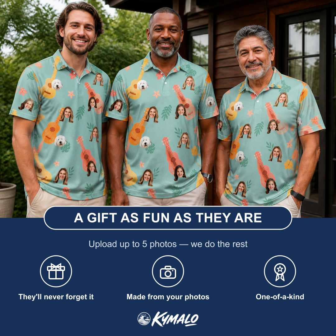 Friends in matching Men's Hula Harmonics Custom Face Polo Shirt — a group gift photo