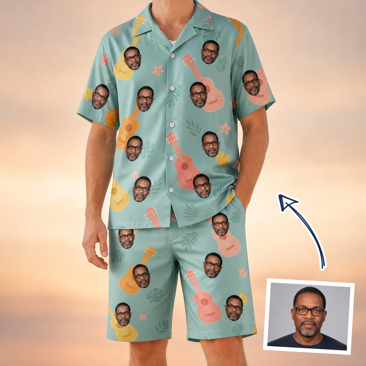 Man wearing Men's Hula Harmonics Custom Face Shirt & Shorts Set — custom faces printed all-over