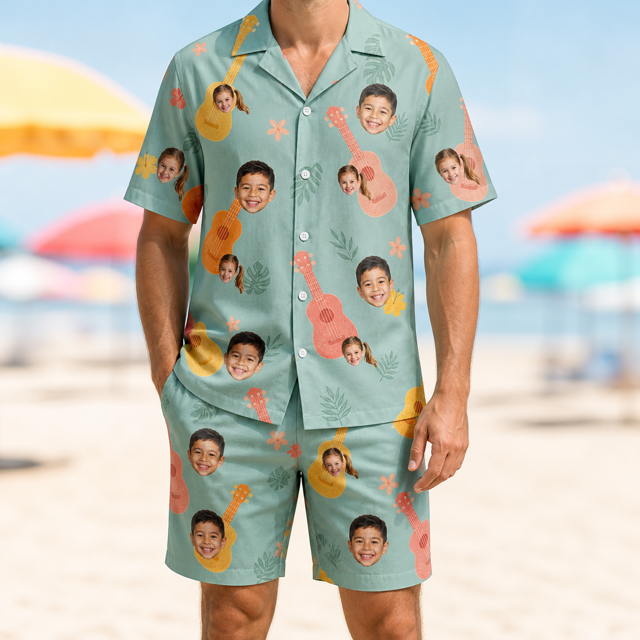 Model wearing Men's Hula Harmonics Custom Face Shirt & Shorts Set printed with kids' faces
