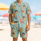 Model wearing Men's Hula Harmonics Custom Face Shirt & Shorts Set printed with kids' faces