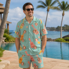 Real-life photo of someone wearing Men's Hula Harmonics Custom Face Shirt & Shorts Set — custom faces printed all-over