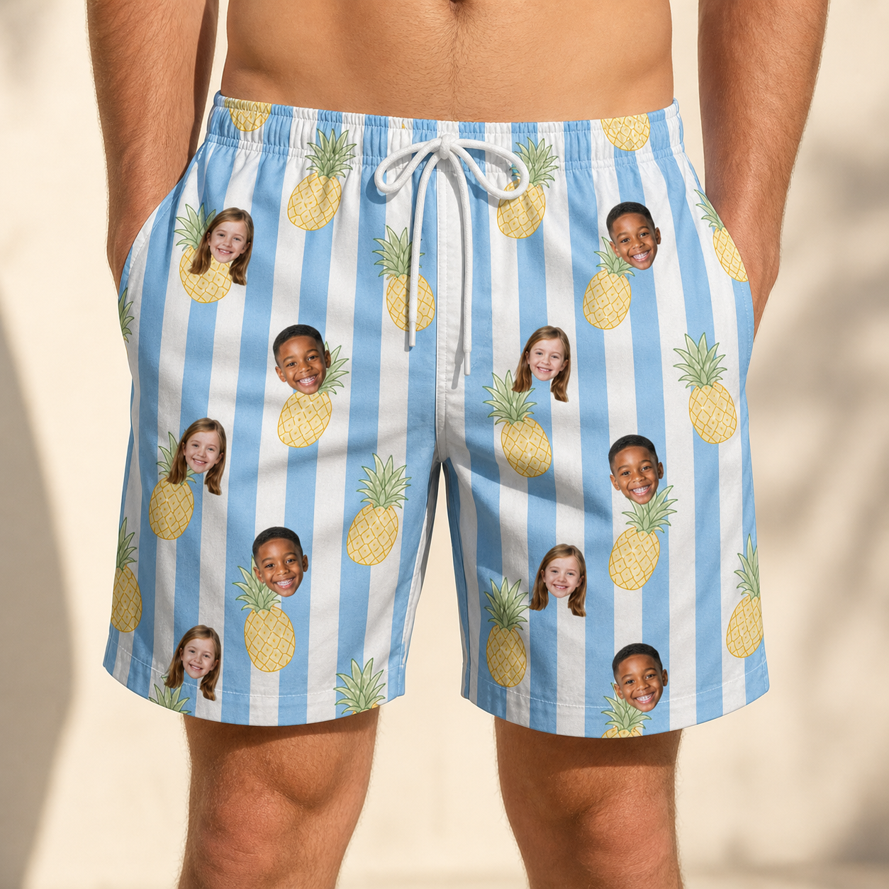 Model wearing Men's Pina Palooza Custom Face Beach Shorts printed with kids' faces