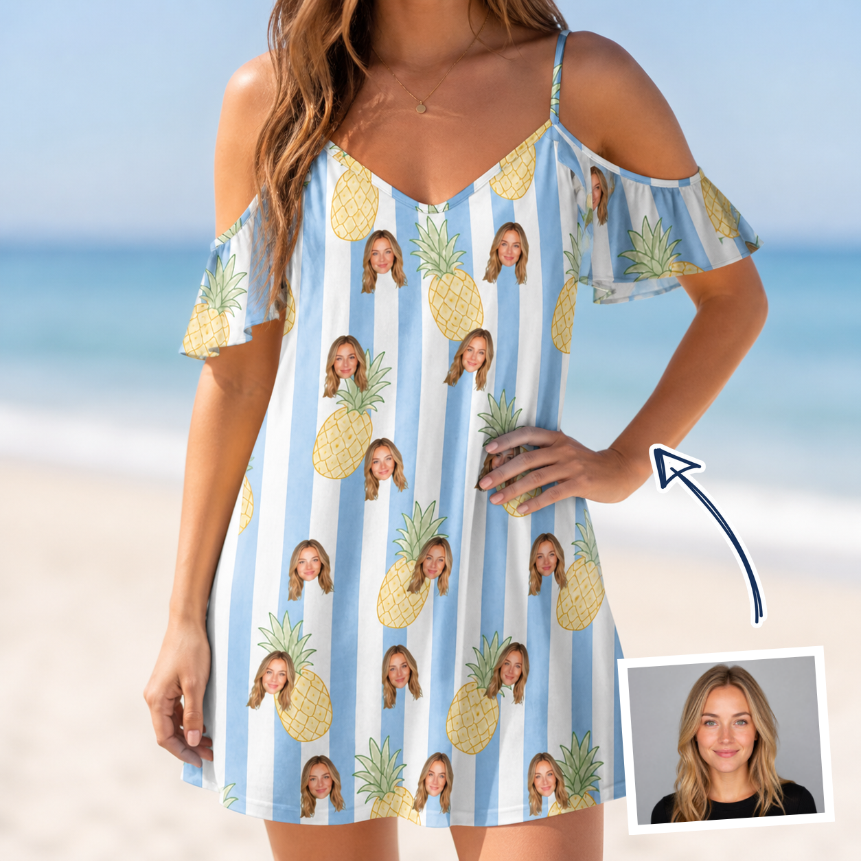 Woman wearing Women's Pina Palooza Custom Face Off-Shoulder Dress — custom faces printed all-over