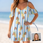 Woman wearing Women's Pina Palooza Custom Face Off-Shoulder Dress — custom faces printed all-over
