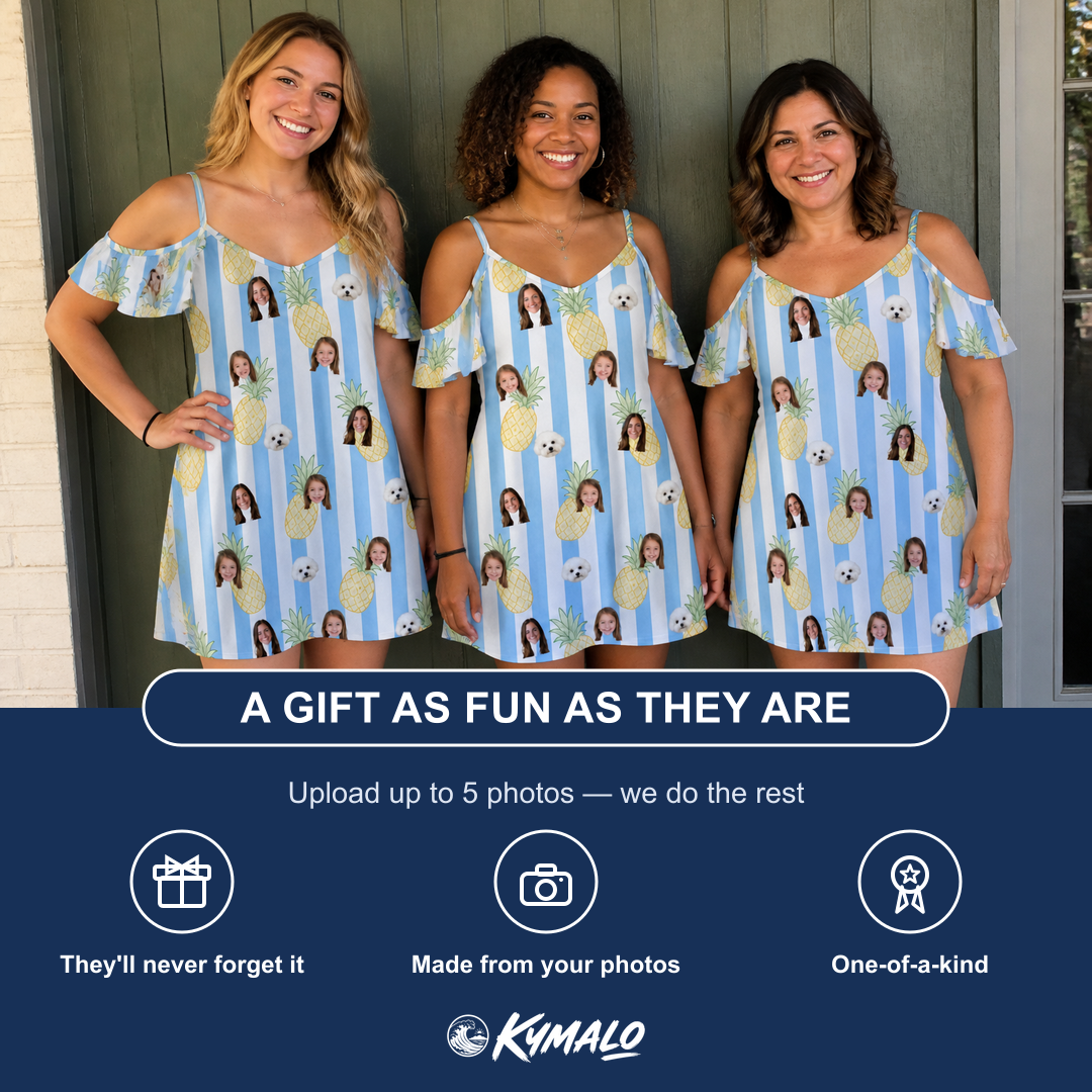 Friends in matching Women's Pina Palooza Custom Face Off-Shoulder Dress — a group gift photo