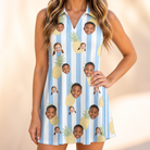 Model wearing Women's Pina Palooza Custom Face V-Neck Dress printed with kids' faces