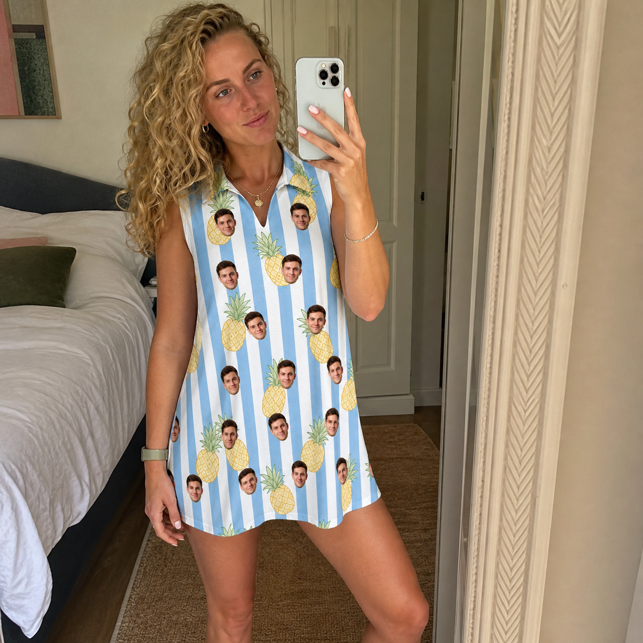 Real-life photo of someone wearing Women's Pina Palooza Custom Face V-Neck Dress — custom faces printed all-over