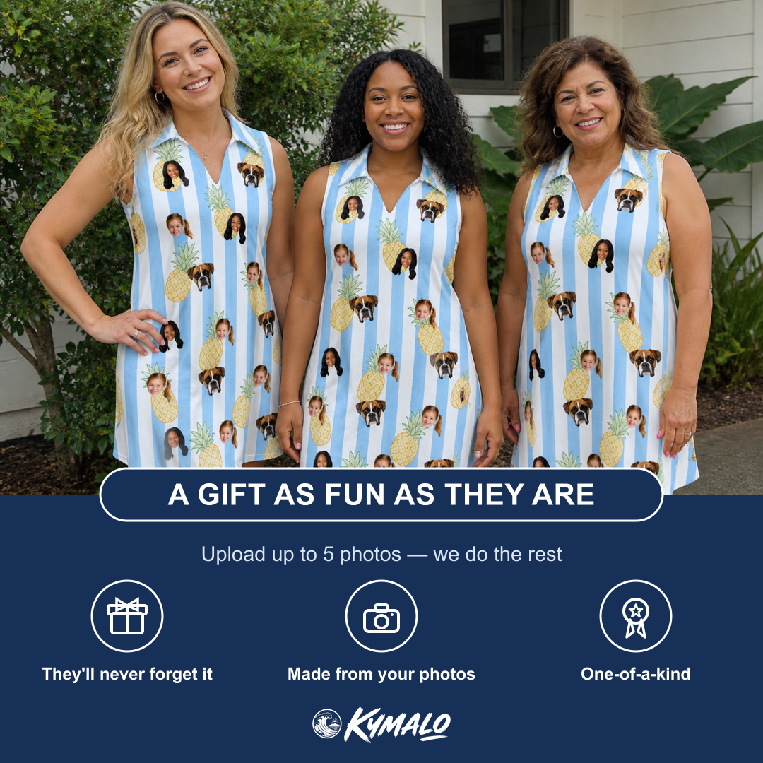 Friends in matching Women's Pina Palooza Custom Face V-Neck Dress — a group gift photo