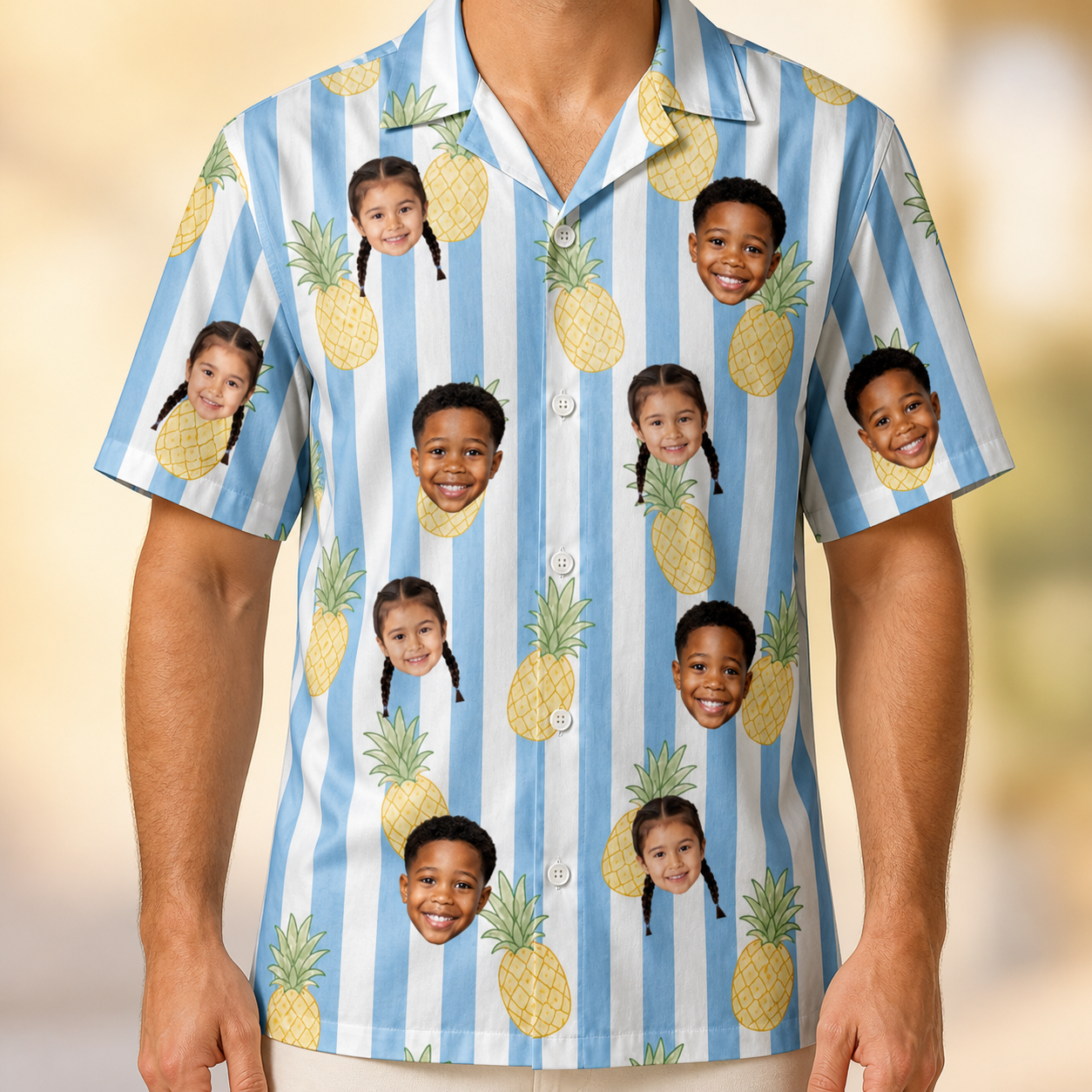 Model wearing Men's Pina Palooza Custom Face Hawaiian Shirt printed with kids' faces
