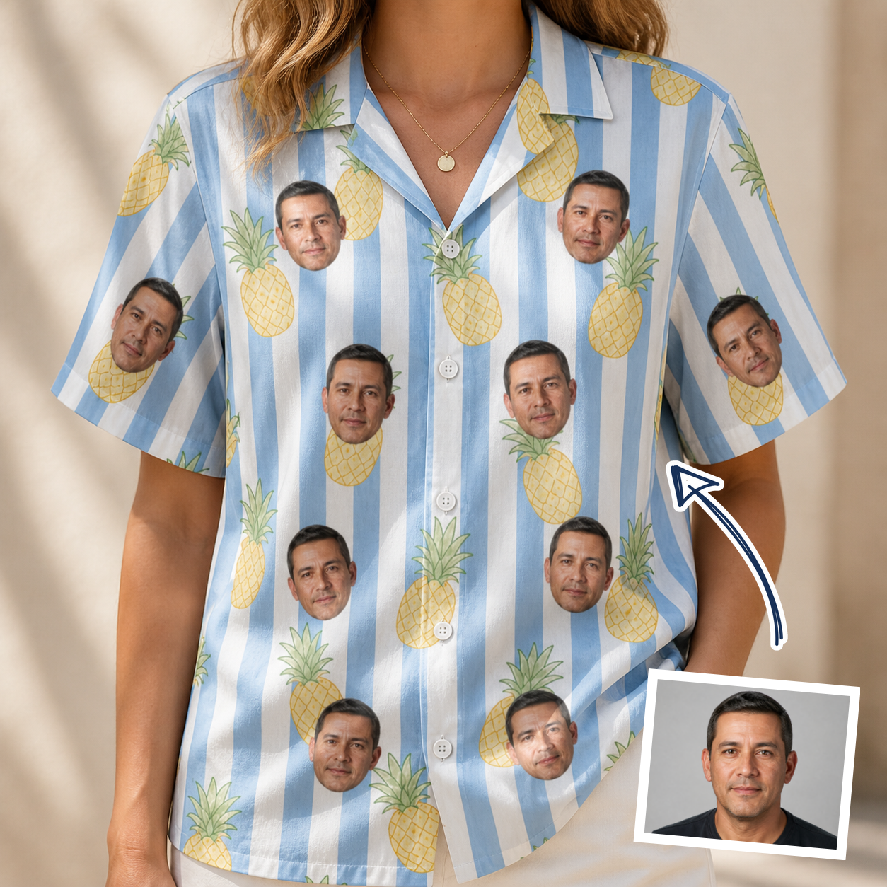 Woman wearing Women's Pina Palooza Custom Face Hawaiian Shirt — custom faces printed all-over