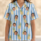 Model wearing Women's Pina Palooza Custom Face Hawaiian Shirt printed with kids' faces