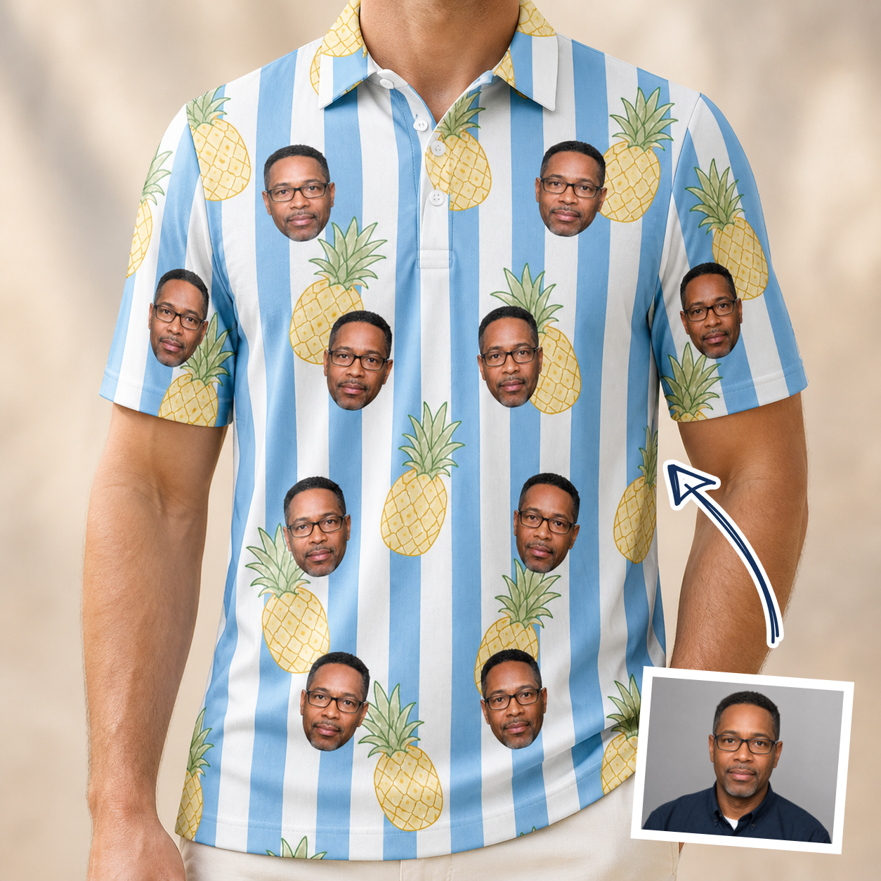 Man wearing Men's Pina Palooza Custom Face Polo Shirt — custom faces printed all-over