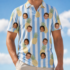 Model wearing Men's Pina Palooza Custom Face Polo Shirt printed with kids' faces