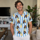 Real-life photo of someone wearing Men's Pina Palooza Custom Face Polo Shirt — custom faces printed all-over