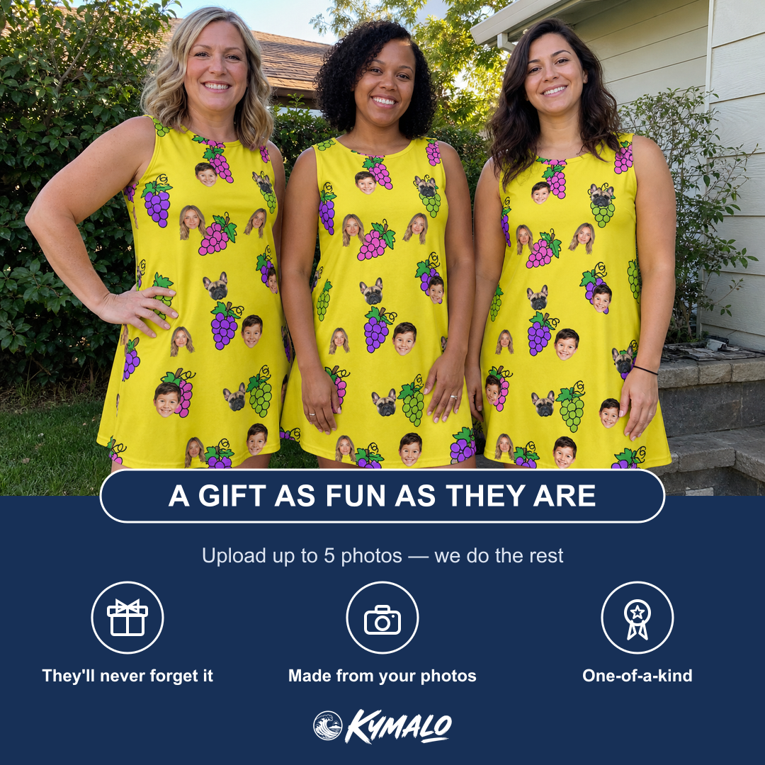 Friends in matching Women's Vineyard Vibes Custom Face Tank Dress — a group gift photo