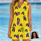 Woman wearing Women's Vineyard Vibes Custom Face V-Neck Dress — custom faces printed all-over