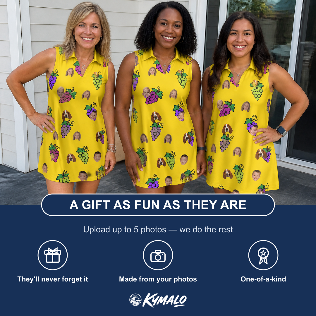 Friends in matching Women's Vineyard Vibes Custom Face V-Neck Dress — a group gift photo