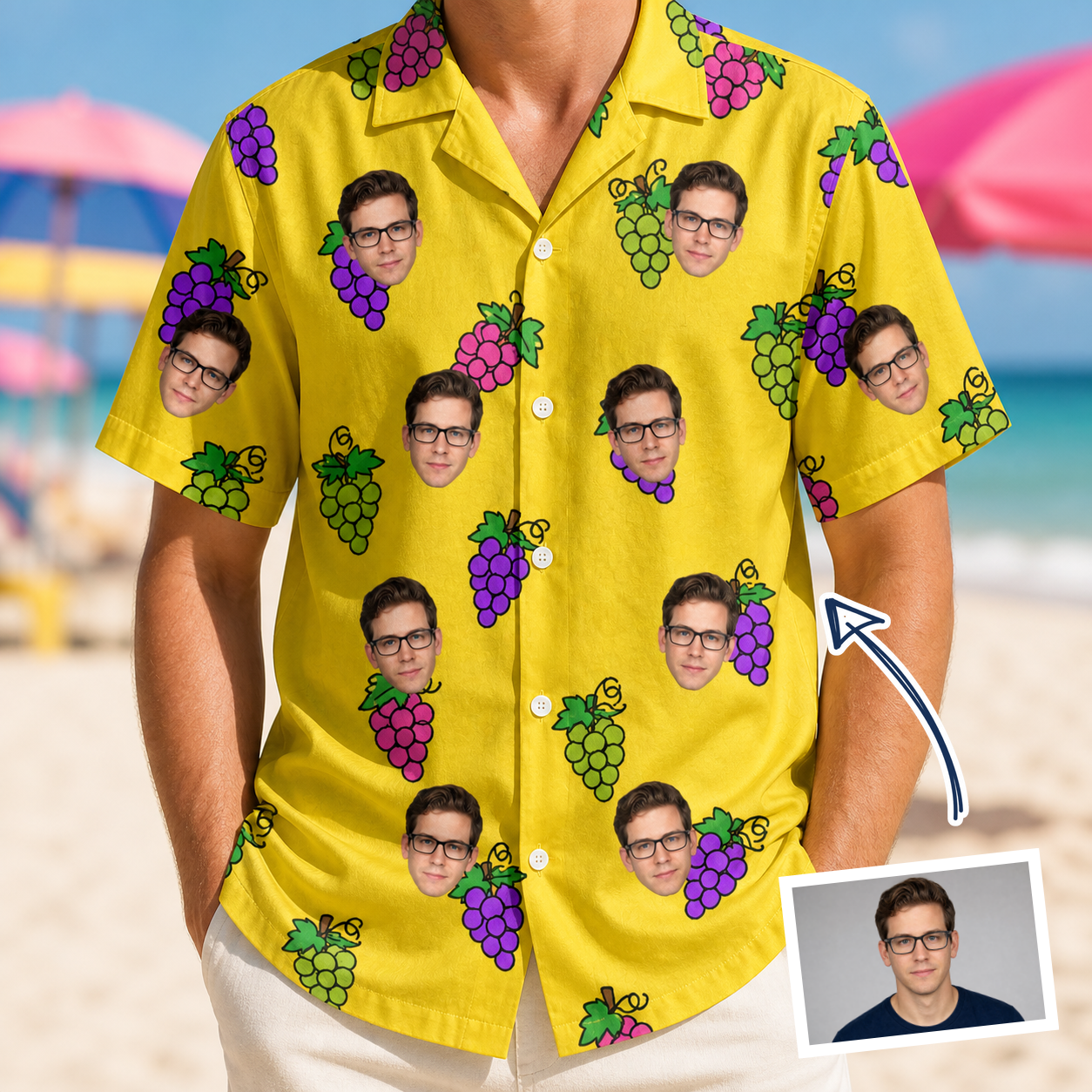 Man wearing Men's Vineyard Vibes Custom Face Hawaiian Shirt — custom faces printed all-over