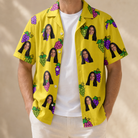 Man wearing Men's Vineyard Vibes Custom Face Hawaiian Shirt open over a white tee