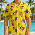 Model wearing Men's Vineyard Vibes Custom Face Hawaiian Shirt printed with kids' faces