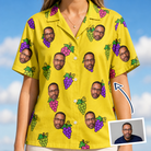 Woman wearing Women's Vineyard Vibes Custom Face Hawaiian Shirt — custom faces printed all-over