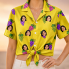 Woman wearing Women's Vineyard Vibes Custom Face Hawaiian Shirt tied at the waist