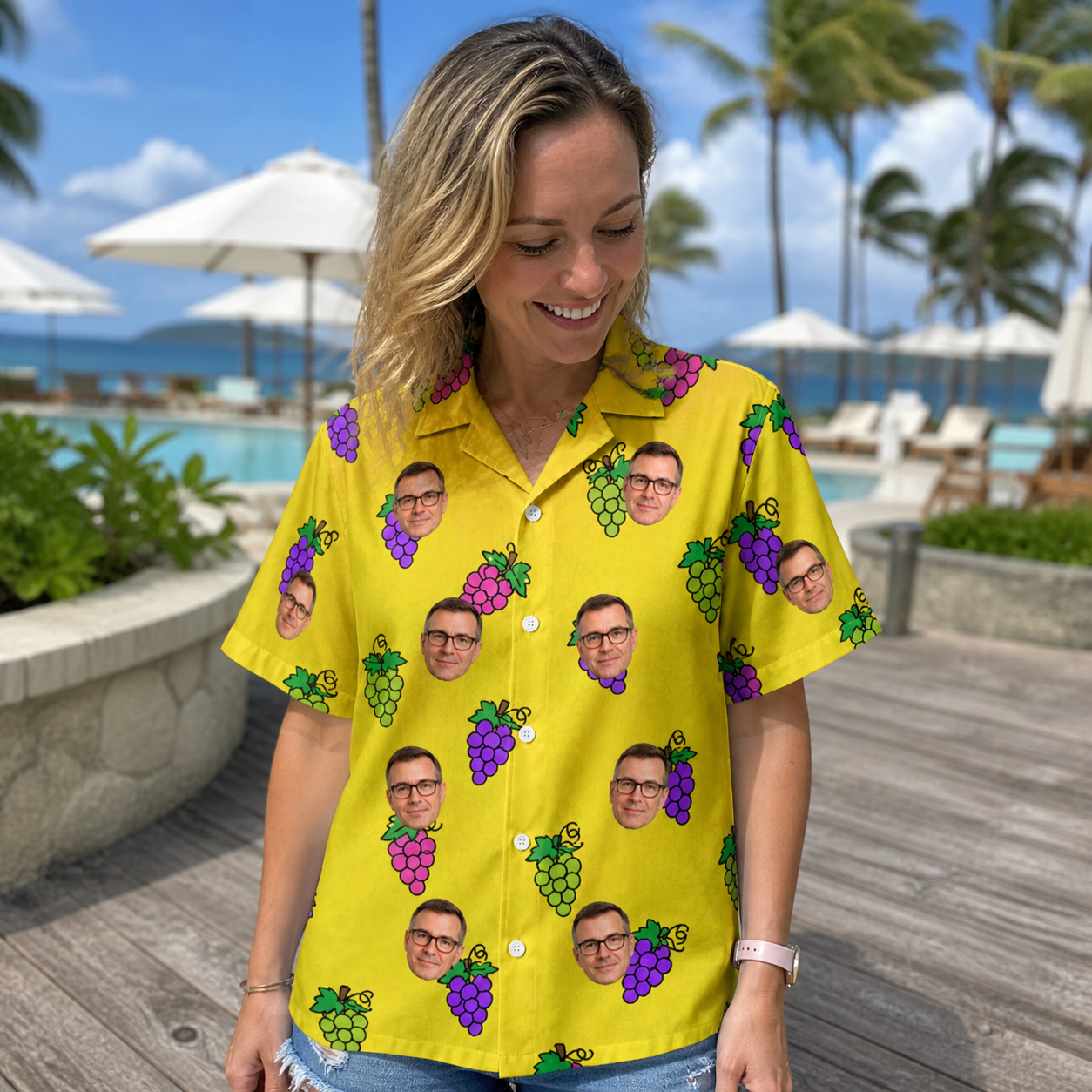 Real-life photo of someone wearing Women's Vineyard Vibes Custom Face Hawaiian Shirt — custom faces printed all-over