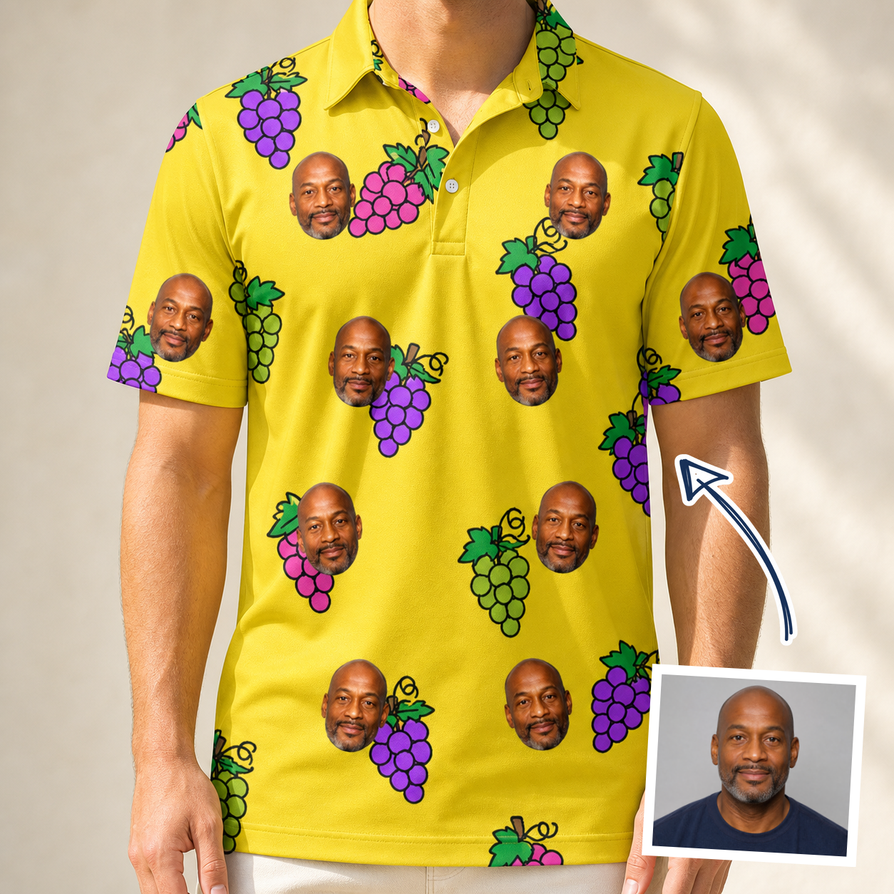 Man wearing Men's Vineyard Vibes Custom Face Polo Shirt — custom faces printed all-over