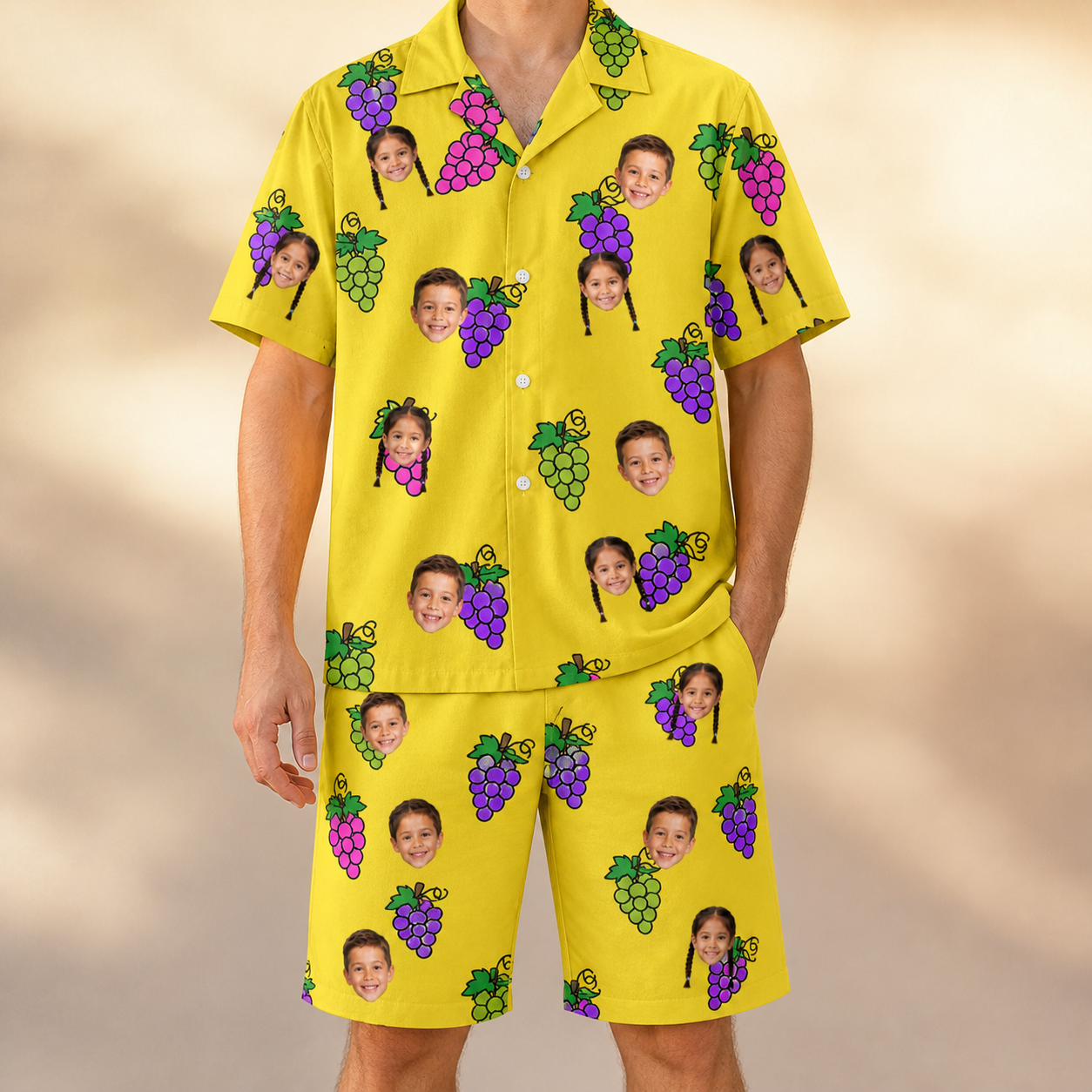 Model wearing Men's Vineyard Vibes Custom Face Shirt & Shorts Set printed with kids' faces