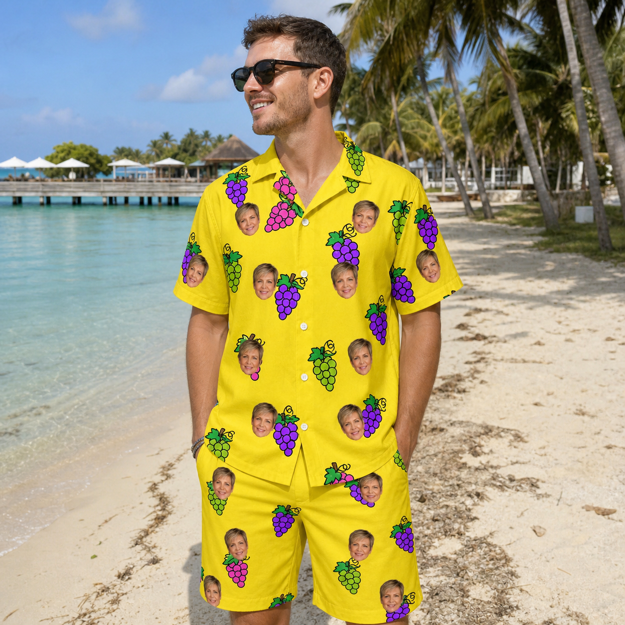 Real-life photo of someone wearing Men's Vineyard Vibes Custom Face Shirt & Shorts Set — custom faces printed all-over