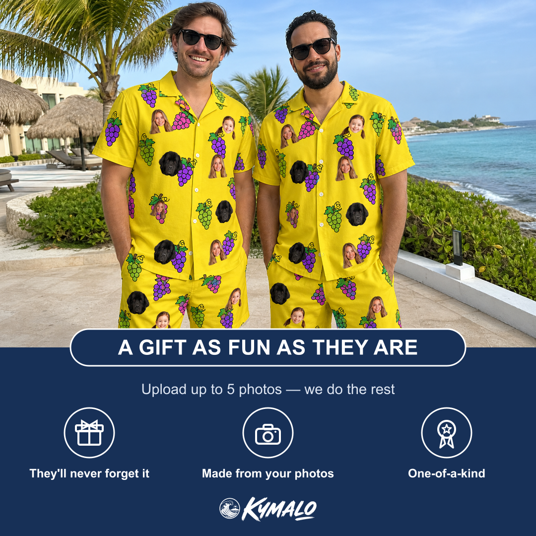Friends in matching Men's Vineyard Vibes Custom Face Shirt & Shorts Set — a group gift photo