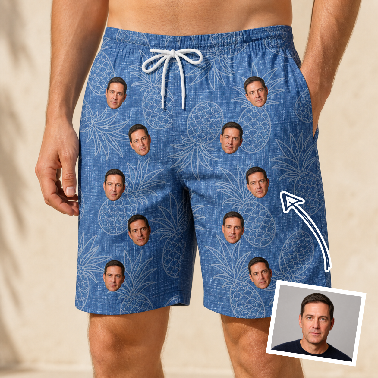 Man wearing Men's Golden Gush Custom Face Beach Shorts — custom faces printed all-over