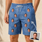 Man wearing Men's Golden Gush Custom Face Beach Shorts — custom faces printed all-over