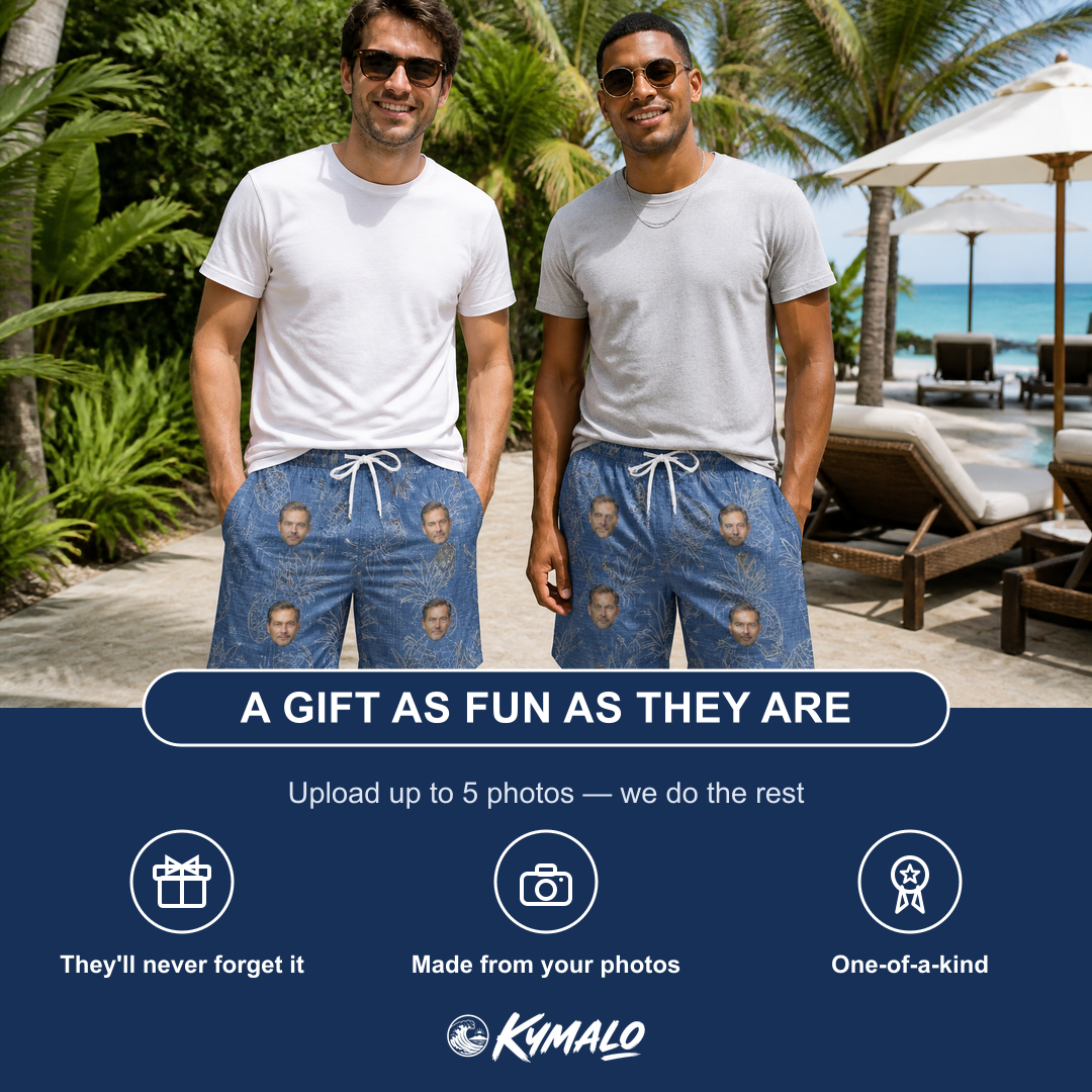Friends in matching Men's Golden Gush Custom Face Beach Shorts — a group gift photo