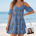 Woman wearing Women's Golden Gush Custom Face Off-Shoulder Dress — custom faces printed all-over