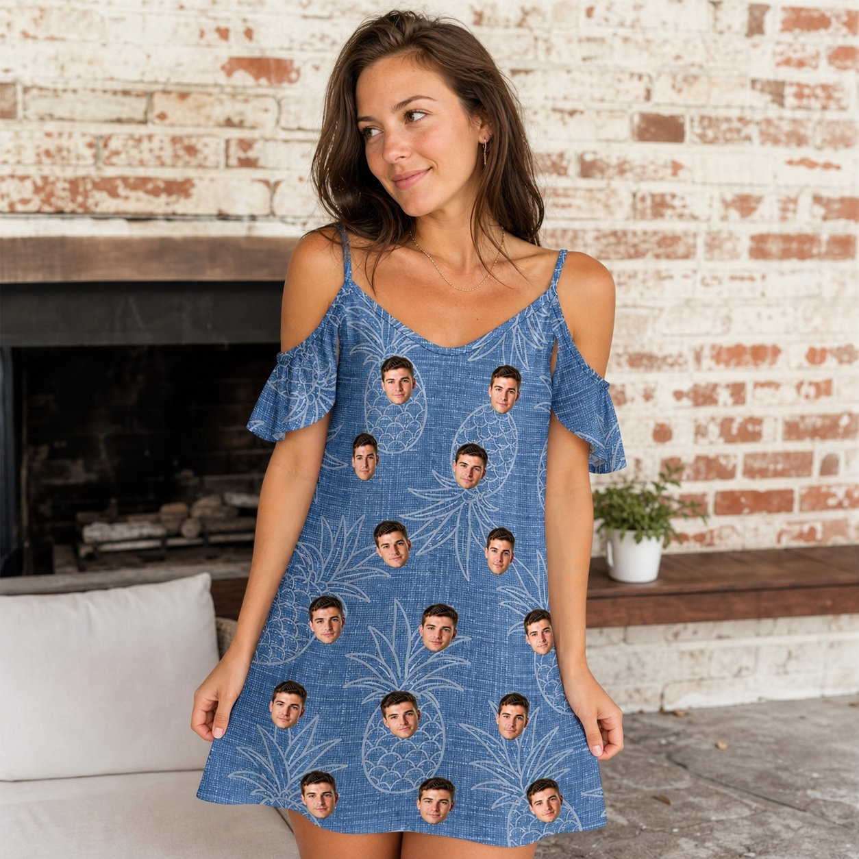 Real-life photo of someone wearing Women's Golden Gush Custom Face Off-Shoulder Dress — custom faces printed all-over