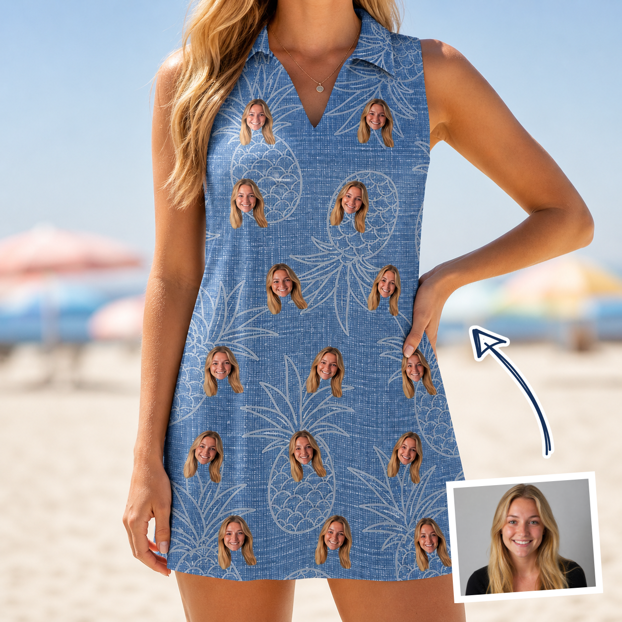 Woman wearing Women's Golden Gush Custom Face V-Neck Dress — custom faces printed all-over