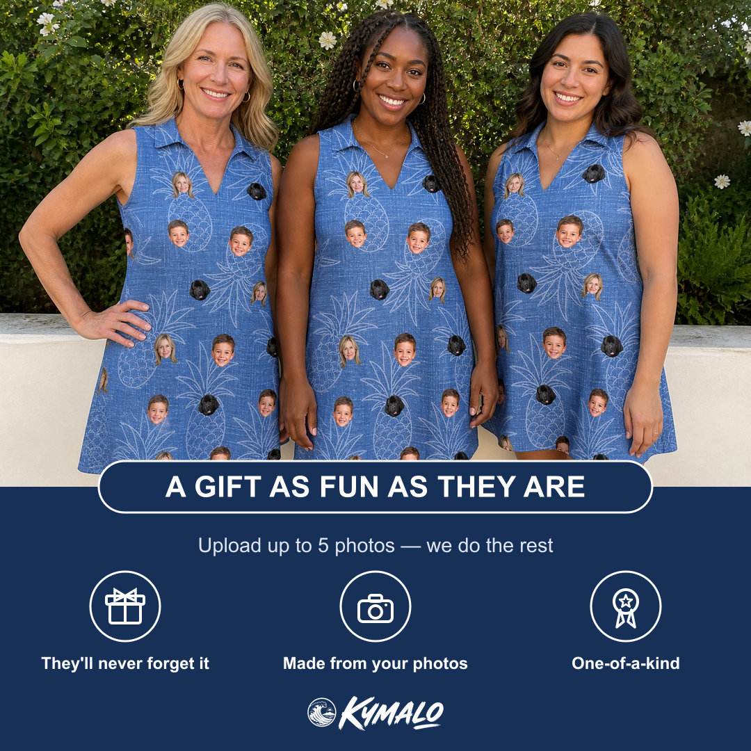 Friends in matching Women's Golden Gush Custom Face V-Neck Dress — a group gift photo