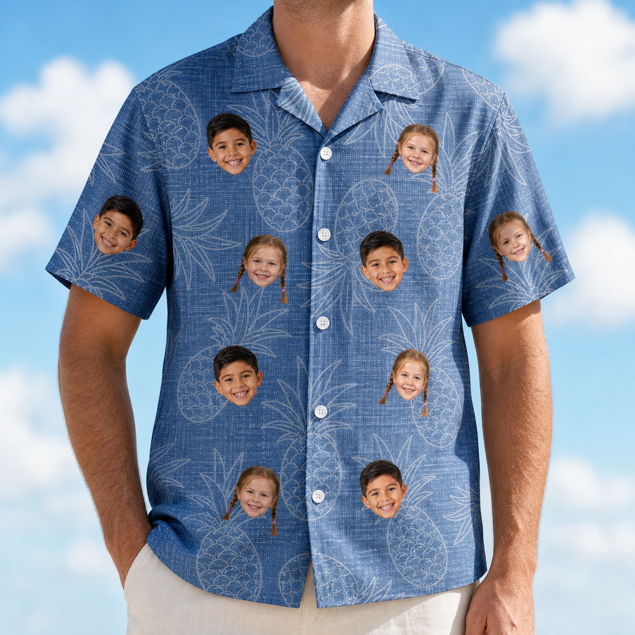 Model wearing Men's Golden Gush Custom Face Hawaiian Shirt printed with kids' faces