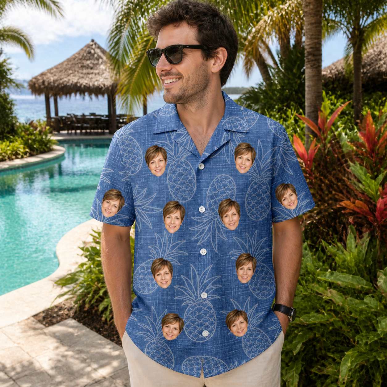 Real-life photo of someone wearing Men's Golden Gush Custom Face Hawaiian Shirt — custom faces printed all-over