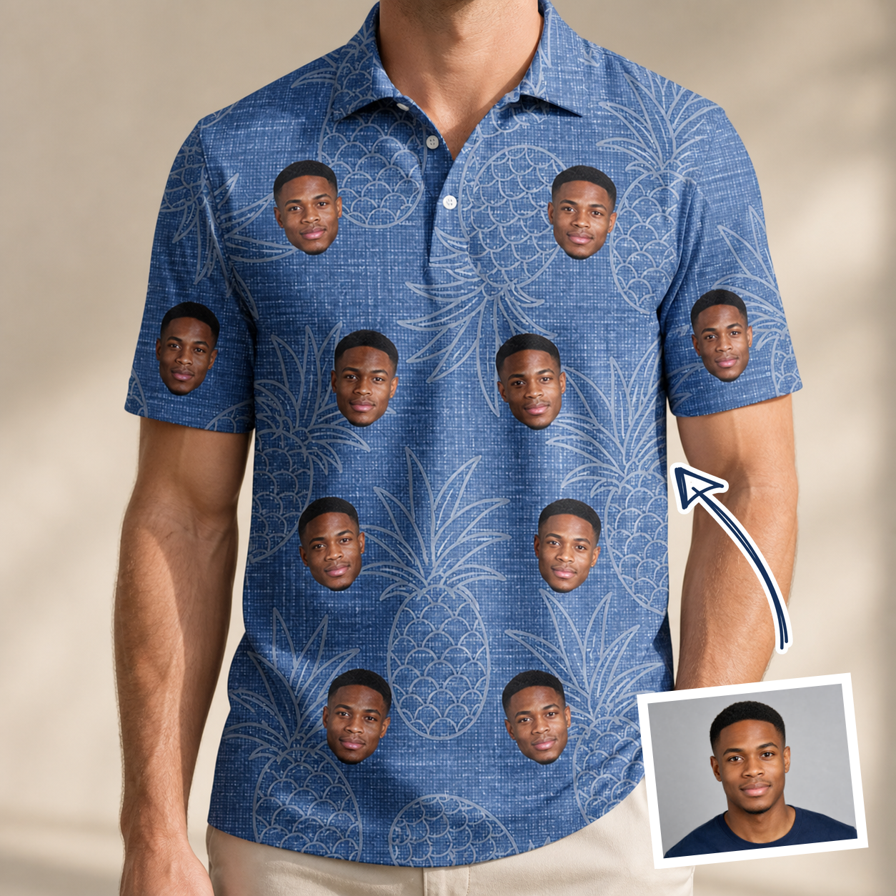 Man wearing Men's Golden Gush Custom Face Polo Shirt — custom faces printed all-over